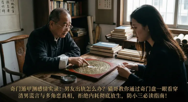 一位资深的风水堪舆师正在使用奇门遁甲罗盘为一位情绪低落的女性顾客测算感情与婚姻危机