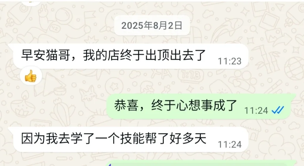 一张 WhatsApp 聊天记录截图，客户激动地向猫哥反馈在进行风水布局后，卖房和求职都取得了突破性进展