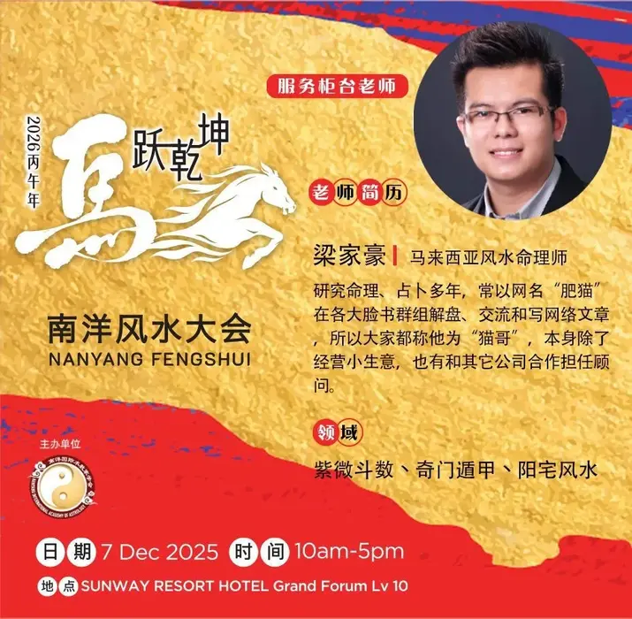 马来西亚南洋风水大会现场，猫哥与15位不同派别的风水师齐聚一堂，为观众提供现场占卜服务