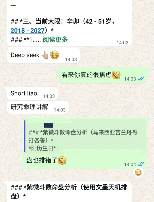 WhatsApp 聊天记录截图，展示朋友使用 DeepSeek 进行紫微斗数分析。猫哥直接指出“盘也排错了”，揭露 AI 甚至无法正确处理“马来西亚吉兰丹”等出生地信息导致的排盘错误。