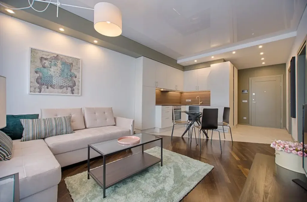 Apartment Feng Shui: Zoning Energy in Small Open Plans - 猫哥风水|马来西亚风水・紫微斗数・奇门遁甲 A compact open-plan apartment featuring a beige sofa, green rug, and kitchen dining area. This layout demonstrates effective Feng Shui zoning in small spaces, using the rug to define the living area and contain the energy (Chi).