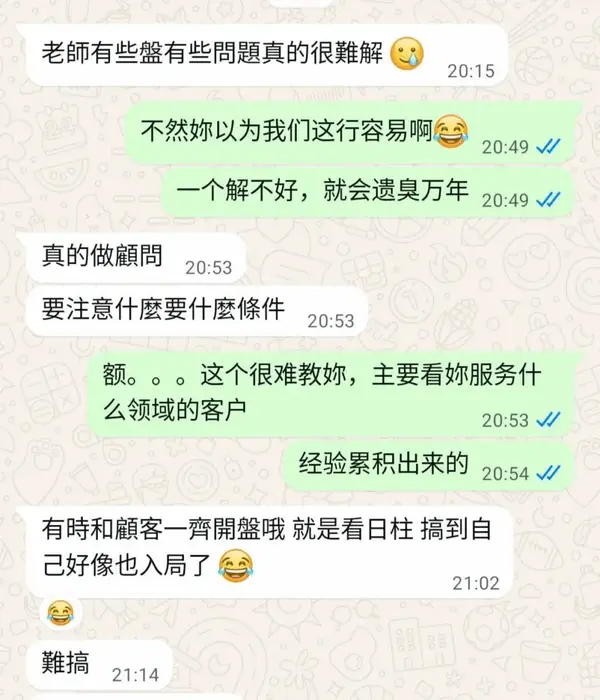 WhatsApp聊天记录截图。猫哥与学员的真实对话，讨论风水顾问行业的职业压力与解盘难度。学员感叹“很难解”，猫哥直言“一个解不好，就会遗臭万年”，揭示了玄学行业隔行如隔山的真实挑战与责任。