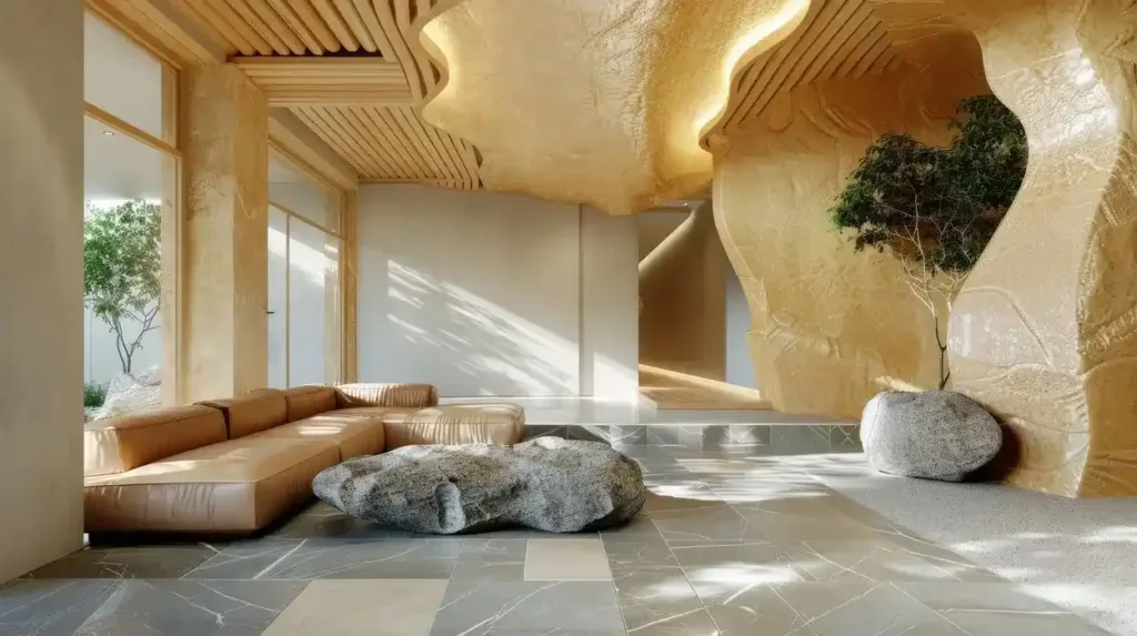 Balanced Earth Element Living Room Design - 猫哥风水|马来西亚风水・紫微斗数・奇门遁甲 A spacious, luxury living room with stone walls and wood ceiling, demonstrating unique Feng Shui element balance.