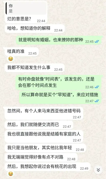 紫微斗数流年反馈:精准预测烂桃花应验 - 猫哥风水|马来西亚风水・紫微斗数・奇门遁甲 WhatsApp聊天记录截图。客户反馈猫哥风水的紫微斗数流年预测精准应验,识别出陌生人(进错号码)的搭讪其实是破坏家庭的烂桃花。