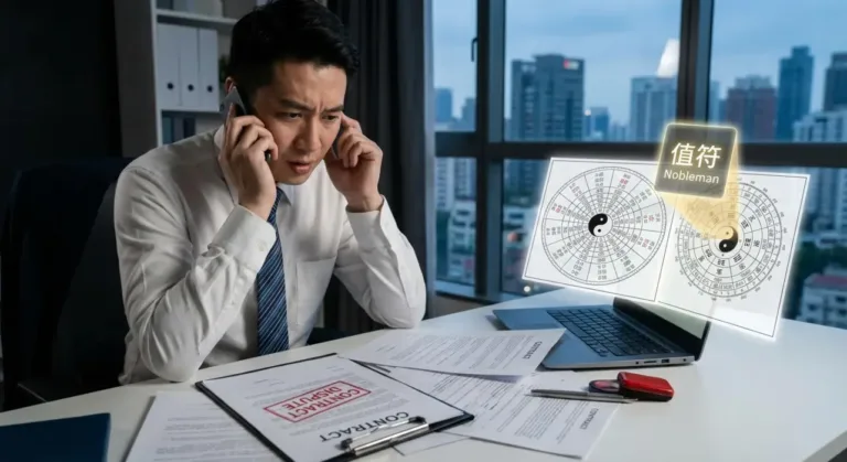 一位焦虑的商务男士正在打电话处理印有“合约纠纷”字样的法律文件，旁边悬浮着发光的奇门遁甲罗盘和代表高层救星的“值符(Nobleman)”标志，象征命理化解危机的过程。