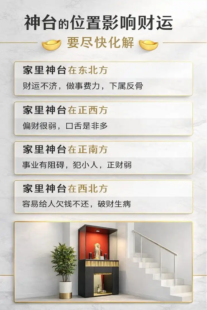 详细列出神台摆放东北，正西，正南，西北四大破财方位的风水禁忌图解