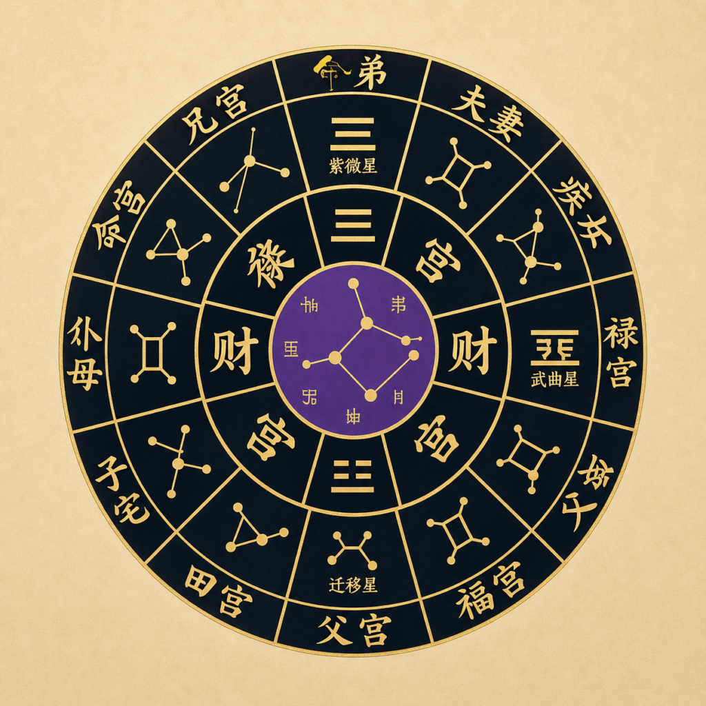 Circular Chinese astrology wheel with gold characters and star diagrams in each segment, purple center.