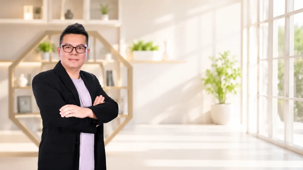 马来西亚风水师傅猫哥站在明亮现代办公室背景前，提供风水咨询，紫微斗数与奇门遁甲分析服务。