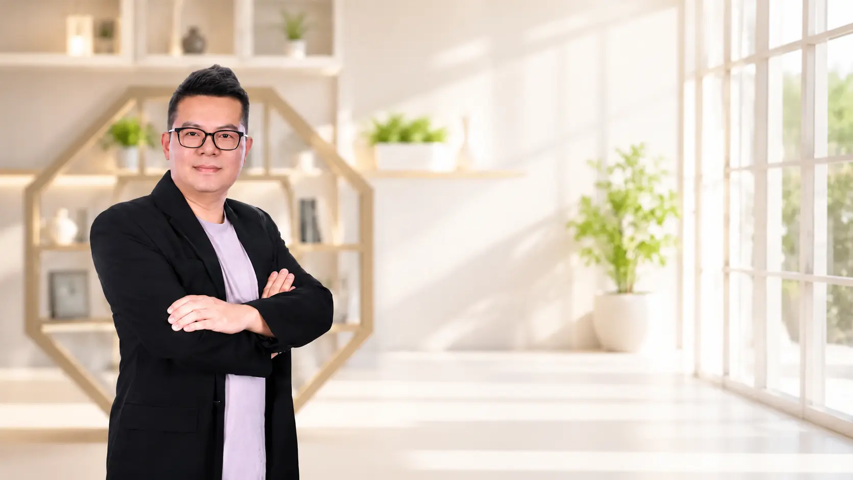 马来西亚风水师傅猫哥站在明亮现代办公室背景前，提供风水咨询，紫微斗数与奇门遁甲分析服务。