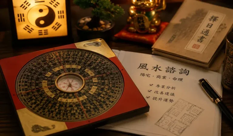 风水罗盘放在住宅户型图与风水咨询资料旁，用于马来西亚阳宅风水和商业风水分析