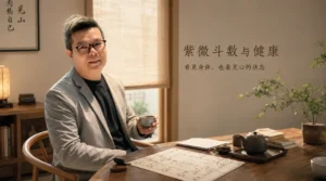 猫哥在茶室中解读紫微斗数命盘，主题为紫微斗数看健康，心理状态，压力来源和疾厄宫分析
