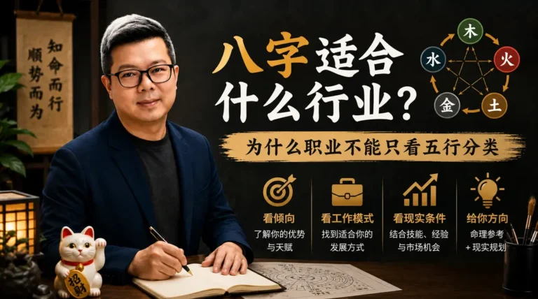 猫哥讲解八字适合什么行业，并说明职业方向不能只看五行分类，还要结合个人倾向，工作模式与现实条件