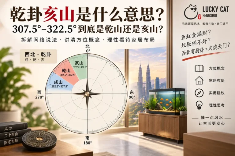 乾卦，乾山与亥山方位图，解析307.5°–322.5°乾山范围